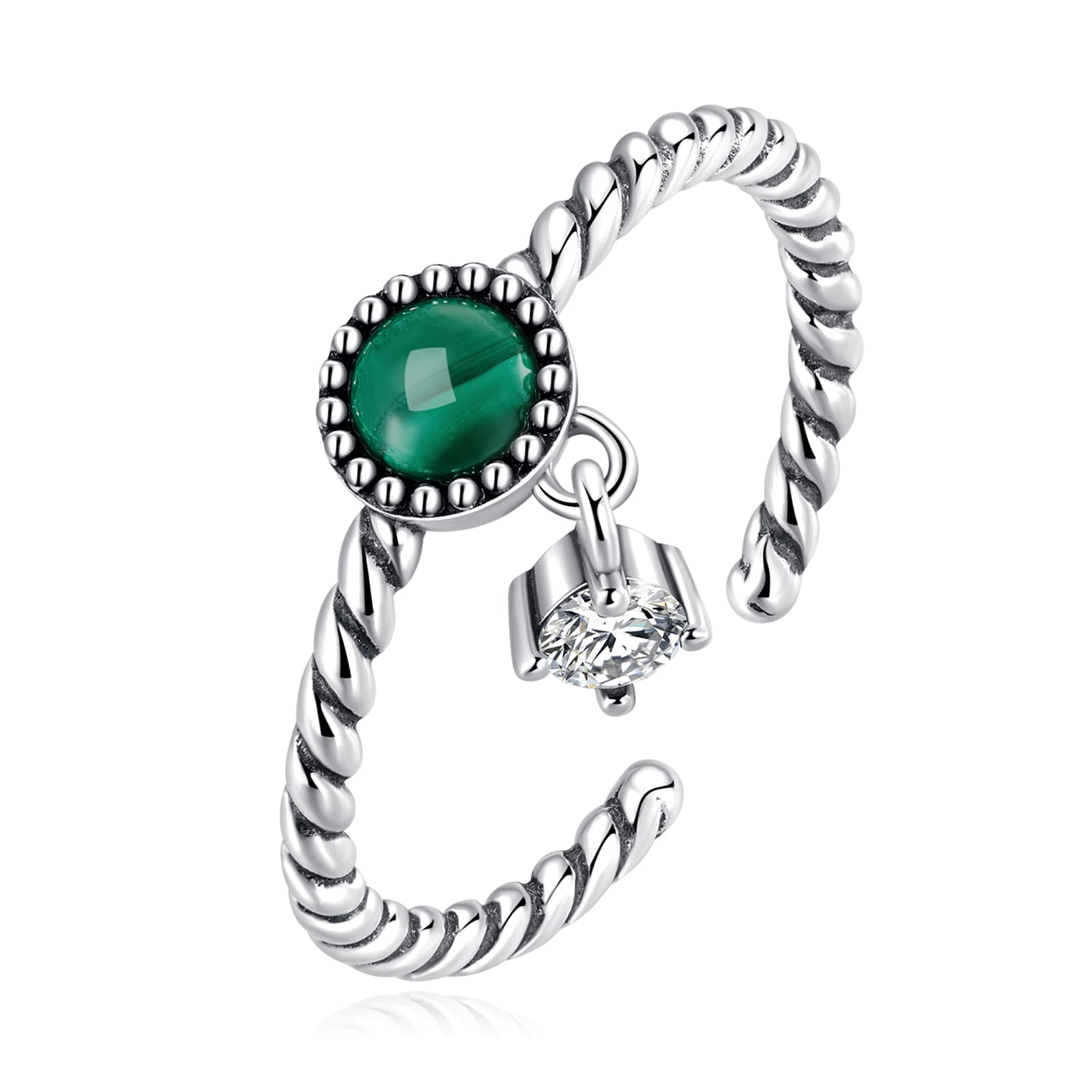 Qings Malachite Green Gemstone Ring 925 Sterling Silver Adjustable Open Rope Round Stone Sparkling Zircon Handmade Spiral Statement Jewelry Gift for Women Girls