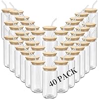 Bamboo Lids & Glass Straws Beer Glass Can Shaped, 40 Pack Reusable Cute Cups - 16oz Clear