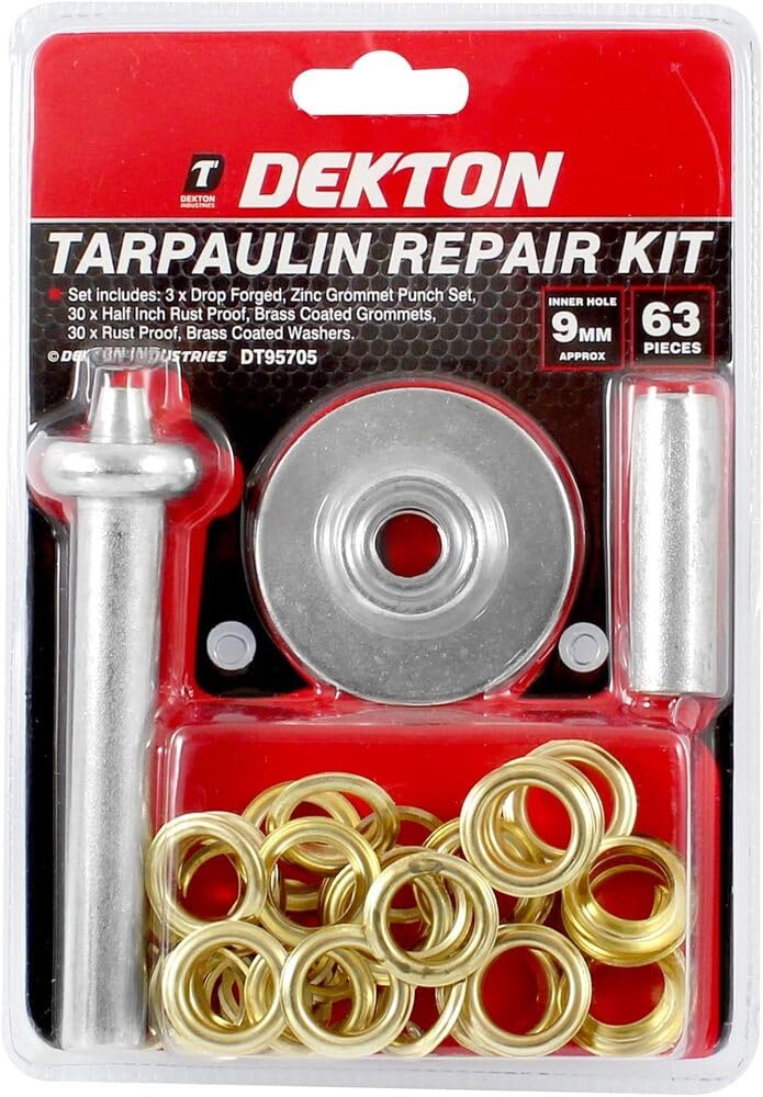Dekton 63PC Tarpaulin Repair Kit – Includes 3x Drop-Forged Zinc Grommet Punch Set, 30x 1/2" Rust-Proof Brass-Coated Grommets, 30x Rust-Proof Brass-Coated Washers | Ideal for Repairing Tarpaulins