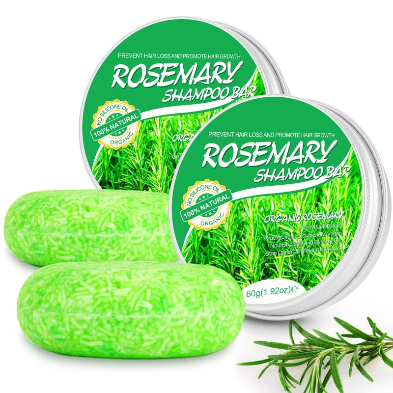 HXTMKT Rosemary Shampoo Bars, 2 Pack - Natural Solid Shampoo for Hair Growth, Nourishes Scalp and Treats Hair Loss - Vegan, Eco-Friendly, 60g Each