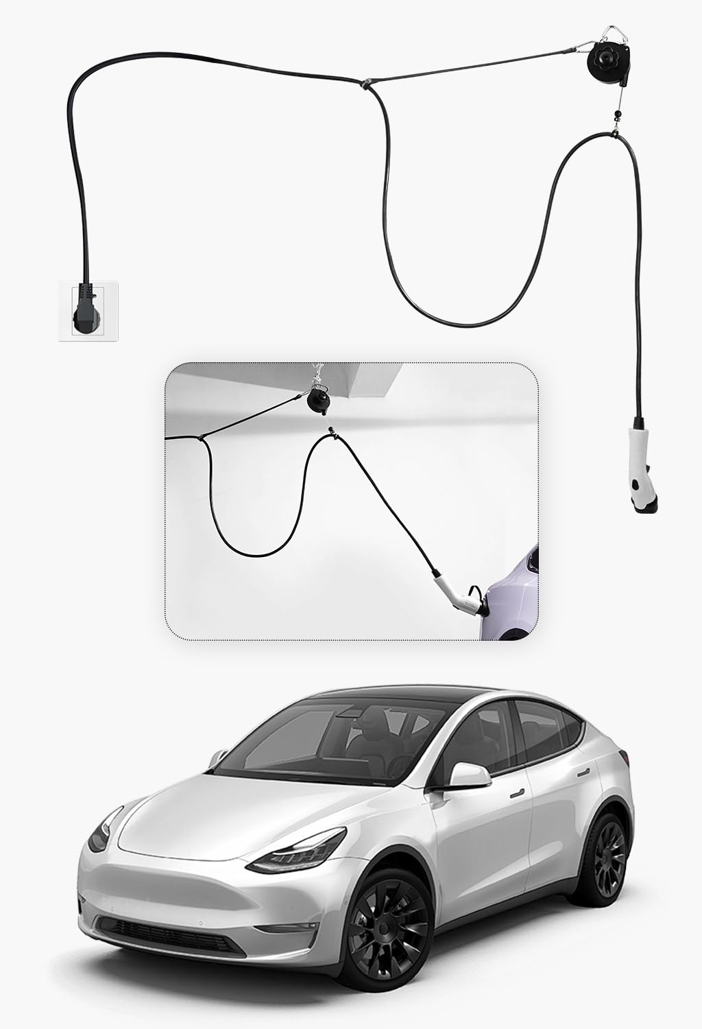 Photo 1 of Tesmirror EV Charging Cable Holder, EV Connector Retractor Overhead Retractable Organizer Management System for Universal EVs for Tesla Model 3/Y for Cybertruck for Rivian for Ioniq 5/6 - Black
