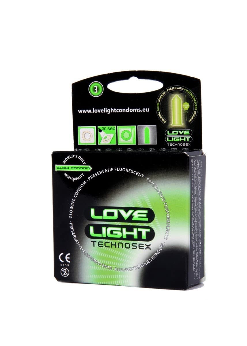 Love Light Glow Condom - Natural Rubber Latex, Lubricated with Reservoir Tip - Phosphorescent - Smooth Surfaced - CE 0123 (Pack of 3) - Length: 180 mm> Width: 53 +/- 2 mm