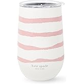 kate spade new york Insulated Stainless Steel Wine Tumbler, 16 Ounce Double Wall Tumbler, Floral Stemless Travel Cup with Lid (Goddess Stripe)