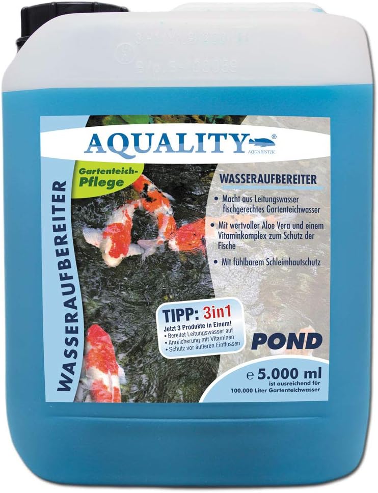 AQUALITY Gartenteich Wasseraufbereiter Pond 3in1 (GRATIS Lieferung in DE - Macht aus Leitungswasser fischgerechtes Teichwasser - Mit Aloe Vera, Vitamine - Schleimhautschutz), Inhalt:5 Liter