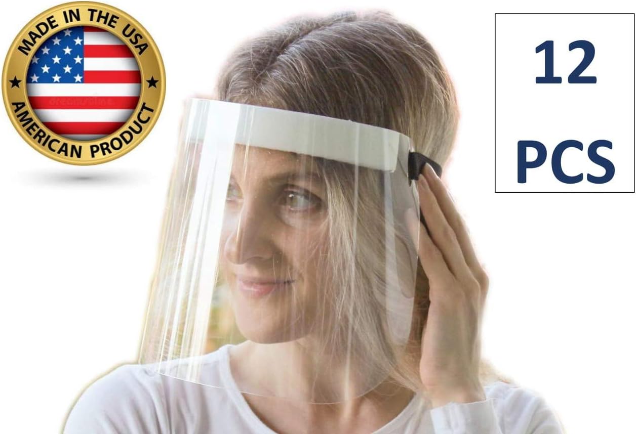 Safety Face Shield Mask | Made In USA With Premium Quality Materials | Extremely Comfortable Sponge for Max Comfort, Super Strong Elastic Band for Long Lasting Durability, Super Lightweight (12 Pak)