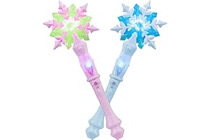 KingGlee Light Up Snowflake Wand with Music, Motion Sensitive Magic Princess Toy Wands for Kids Girls Birthday Roleplay Party Favor 2 Pack, Blue & Pink