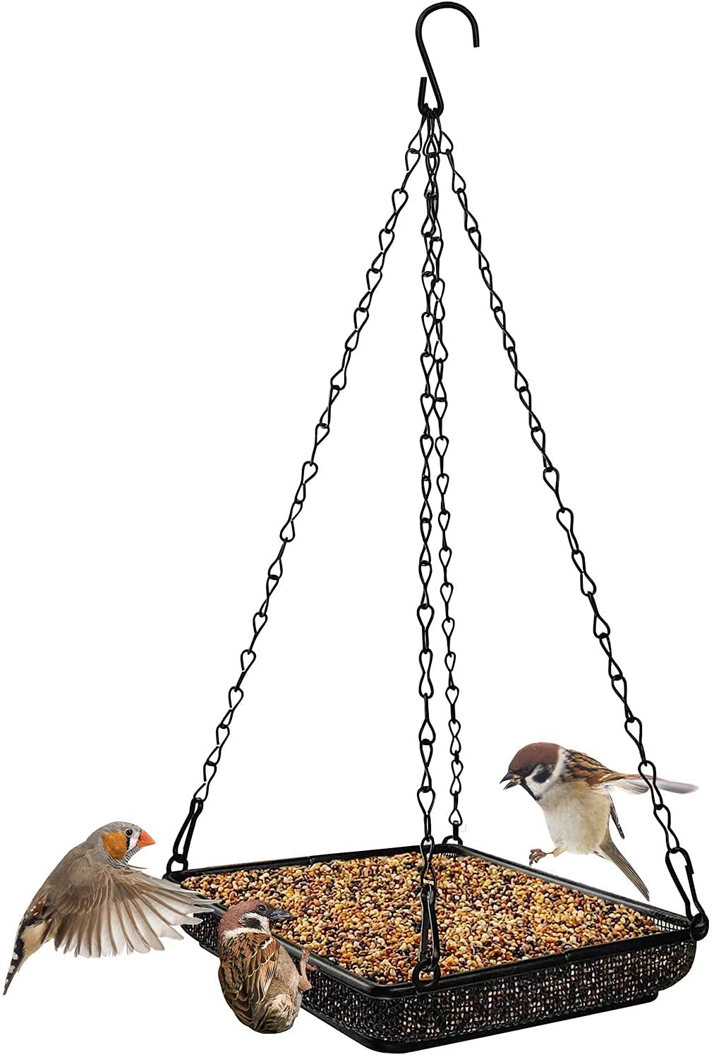 Hanging Bird Feeder Tray Metal Mesh Bird Feeding Dish, Platform Metal Mesh Seed Tray Bird Feeders with Durable Chains for Outdoors Garden Great for Attracting Birds(Square)