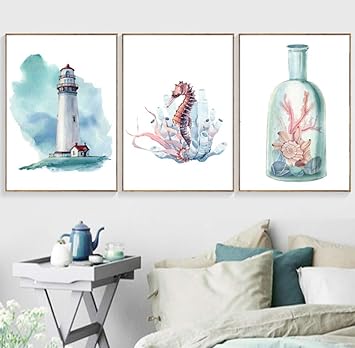 Acuarela Faro Cangrejo Seahorse Carteles E Impresiones Arte De La