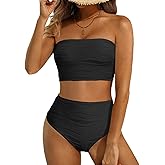 High Waisted Bandeau Bikini Set - Women Strapless Two Piece Swimsuits Ribbed Longline Full Coverage Bathing Suits Swimwear
