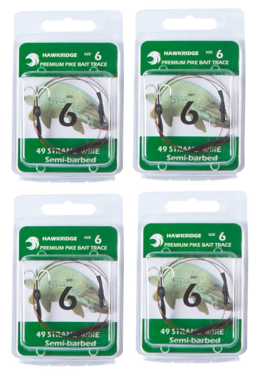 HAWKRIDGE - 4 x Predator SEMI BARBED Pike Snap Tackle Double Hook Bait Rig 30cm Trace Using American 7x7 Wire Strands - Available in Size 4, 6 or 8 (4 x size 6 hook)