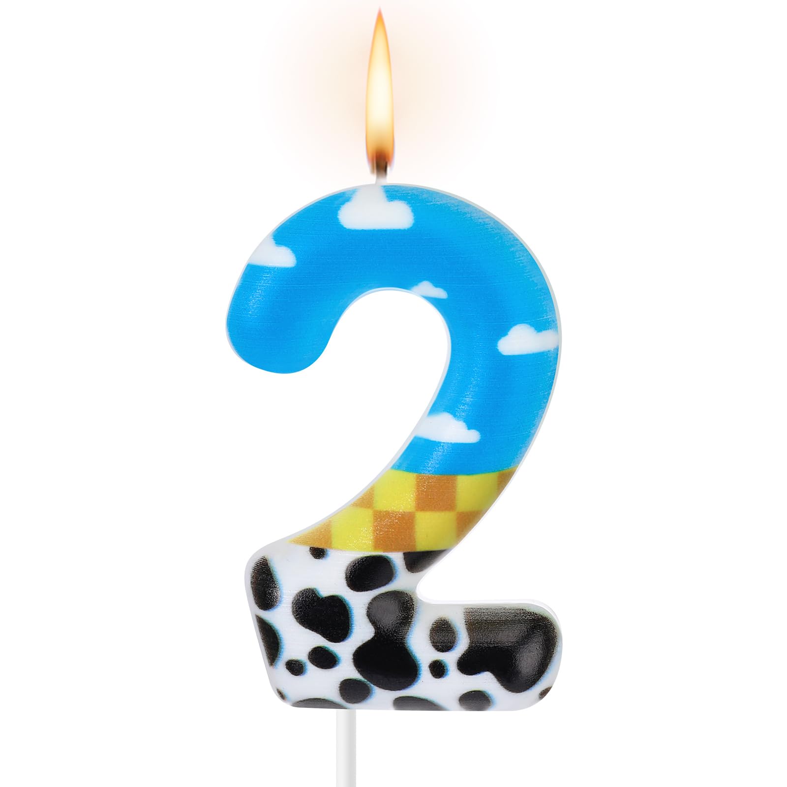 Photo 1 of Threlaco Toy Inspire Game Birthday Number Candles Cartoon Cake Topper Blue Sky and White Cloud Cow Birthday Candle for Boy Girl Party Decor Supplies(Number 2)