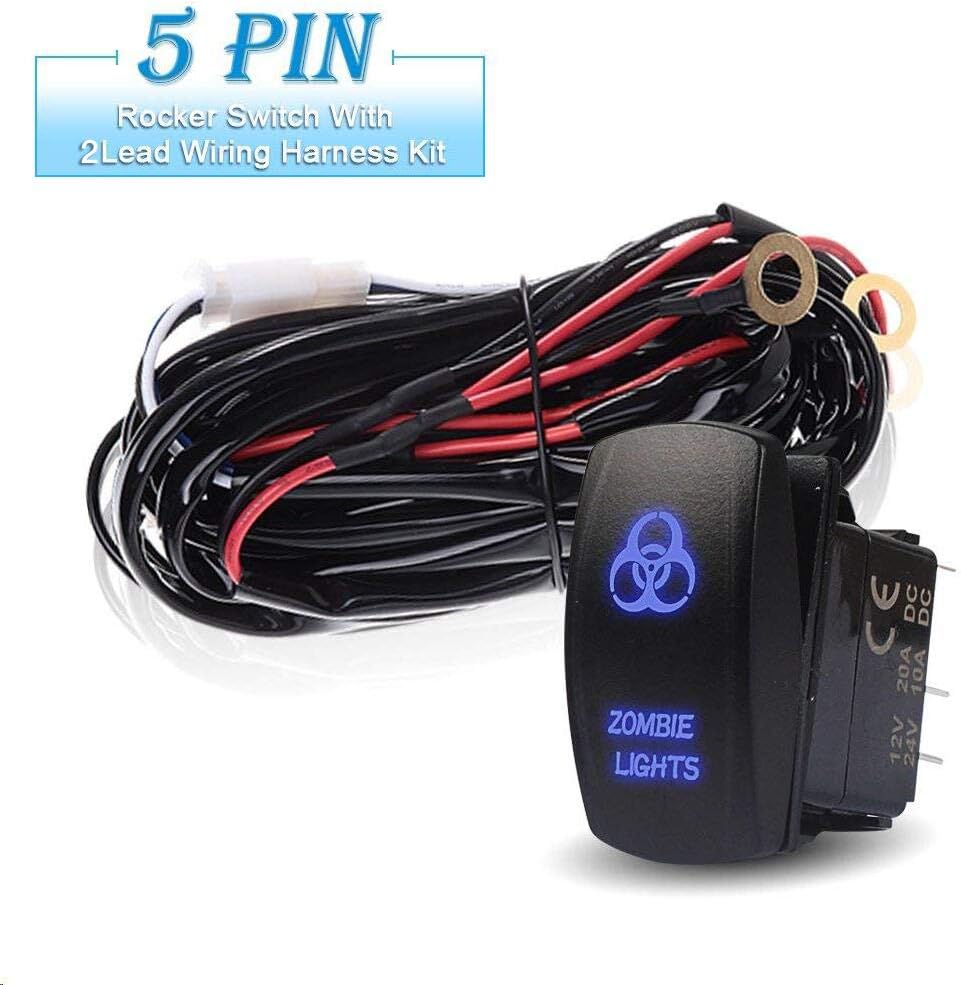12 Gauge 40A 12V-24V Fuse Relay 2 Lead Up to 400W Heavy Duty Wiring Harness And 5 Pin Blue Backlight Rocker Switch Kit For Led Work Lights Fog Lamps Offroad Tractor Truck Boat 4X4 Van Suv Atv Utv RV