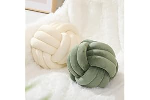 ZAKUN 2PCS Knot Pillow Ball, Soft Knot Throw Pillow, Aesthetic Knot Ball Decorative Throw Pillows, Handmade Round Knotted Pillow Home Decoration Plush Knot Round Pillow For Girls (Green+Ivory 7.87 Inch)