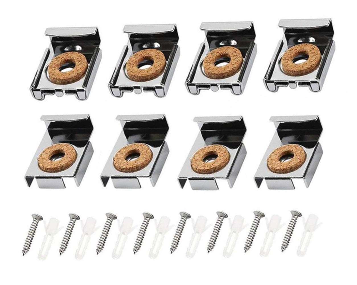 QUUPY 8 Pcs Spring Loaded Mirror Hanger Clips Frameless Mirror Glass Wall Hanging Fixing Kit Mirror Mounting with Dowels and Screws,Silver