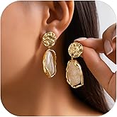 Vivian&CD 14K Gold Dainty Chunky Statement Crystal Drop Dangle Earrings for Women, Brown Amber Drop Irregular Design Hypoallergenic Lightweight Vintage Earrings Jewelry Gift