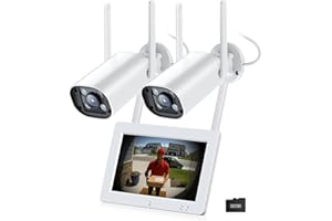 Camcamp Wireless Security Camera System with 7" Touchscreen Monitor & 2PCS 2K Wired Outdoor Security Camera, Plug-in Power, Color Night Vision, 2 Way Audio, Motion Detection, 32GB SD Card Included