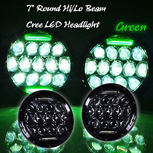Ohmu Pair 75W 7 Inch Round Green DRL Cree Led Headlight High/Low Beam Angle Eyes Black Housing Jeep 97-15 Wrangler JK LJ TJ Hammer H1 H2 Harley Davidsion Motorcycles Fj Cruiser (Green DRL)