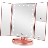 Infitrans Trifold Makeup Mirror Vanity Mirror with Lights,1X 2X 3X Magnification,Touch Control,Adjustable Rotation,Dual Power Supply,Portable Travel Cosmetic Mirror,Birthday Gifts for Women,Teengirls