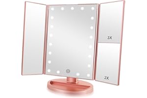Infitrans Trifold Makeup Mirror Vanity Mirror with Lights,1X 2X 3X Magnification,Touch Screen,180 Adjustable Rotation,Portable Travel Bathroom Cosmetic Mirror
