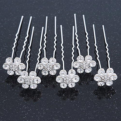 Avalaya Bridal/Wedding/Prom/Party Set of 6 Clear Austrian Crystal Daisy Flower Hair Pins in Silver Tone - Image 3