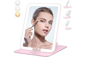 ESWU Travel Makeup Mirror with Light, Portable Folding Make Up Tabletop Mirror with 58 LEDs 3 Colors Light Modes Rechargable Compact Vanity Mirror with Adjustable Stand (Pink)
