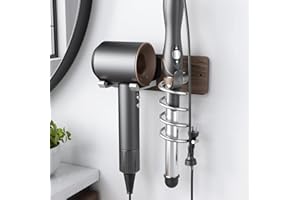 Tindbea Hair Dryer Holder Curling Iron Holder, Blow Dryer Holder Wall Mount, Bathroom Hair Tool Organizer Rack for Universal Dryer, Walnut Wood Silver Color Metal