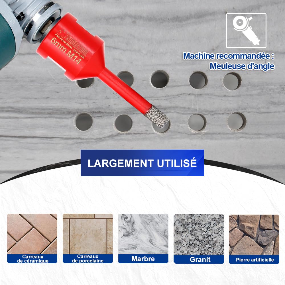 SHDIATOOL Diamant-Bohrkrone 2 Stücke 6mm M14 Gewinde für Porzellan Fliese Keramik Granit Marmor Trockenbohren 3