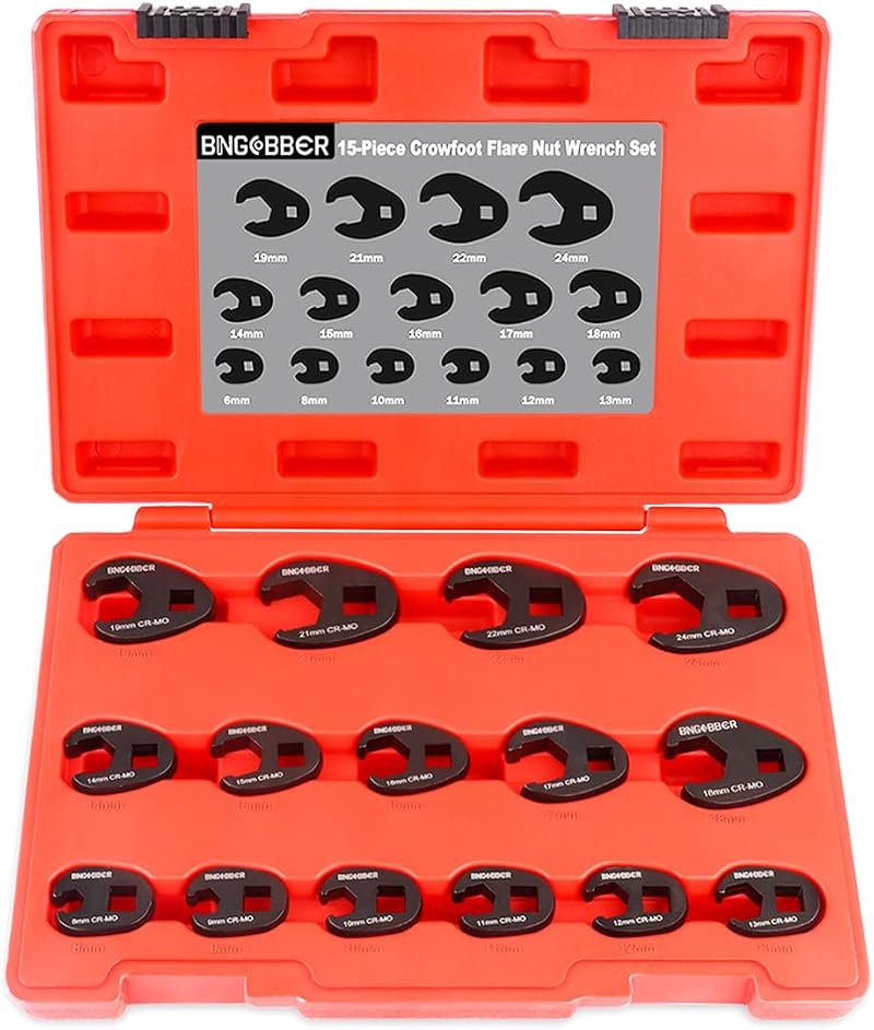 15-Piece Crowfoot Wrench Set 3/8 and 1/2 Inch Metric 8-24mm