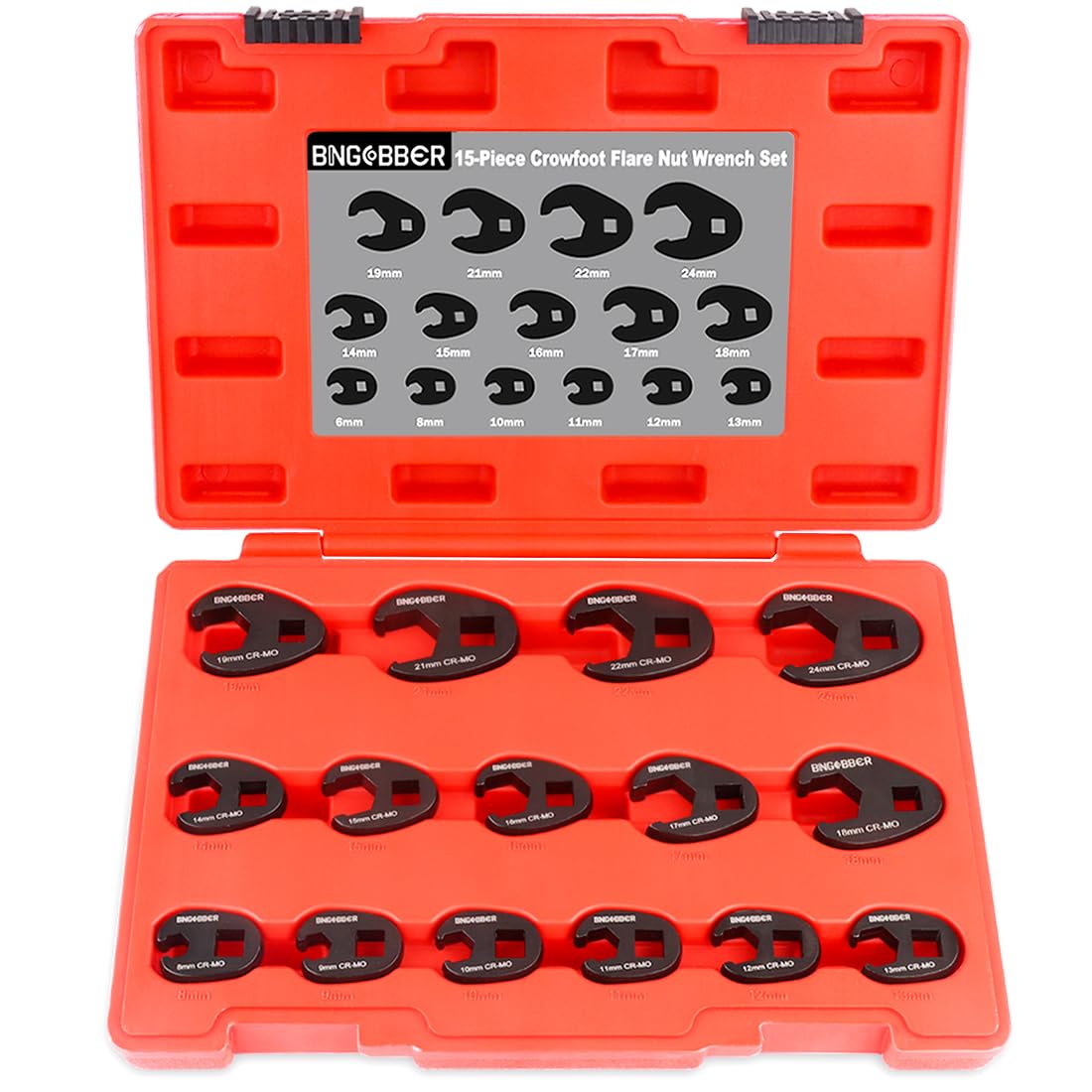 BINGCOBBER 15 Pieces 3/8” 1/2”Crowfoot Wrench Set,8-24MM Metric Chromium Molybdenum Steel Open End Drive Crows feet Spanners Wrench Set