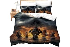 Erosebridal Pirate Comforter Set Queen Sailboat Duvet Cover Nautical Ocean Theme Boys Teen Bedding Comforter Cover Cool Style Adult Bedding Set Wave Pattern Printed Decor Bedspread for Men Women