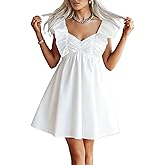 Yiulangde Women's Bow Mini Dress Deep V Neck Short Puff Sleeve Babydoll Dress Romantic Holiday Bowknot Casual Going Out Dress