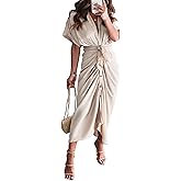 Sexyshine Women's Satin Button Down Shirt Dress Lapel V Neck Short Sleeve Tie Waist Ruched Wrap Cocktail Party Midi Dresses