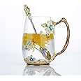 Luka Tech Enamel Butterfly flower Glass Mug with Spoon, Gifts For Women Wife Mom Friends Birthday Mothers Valentines Day Christmas (Blue-Tal)