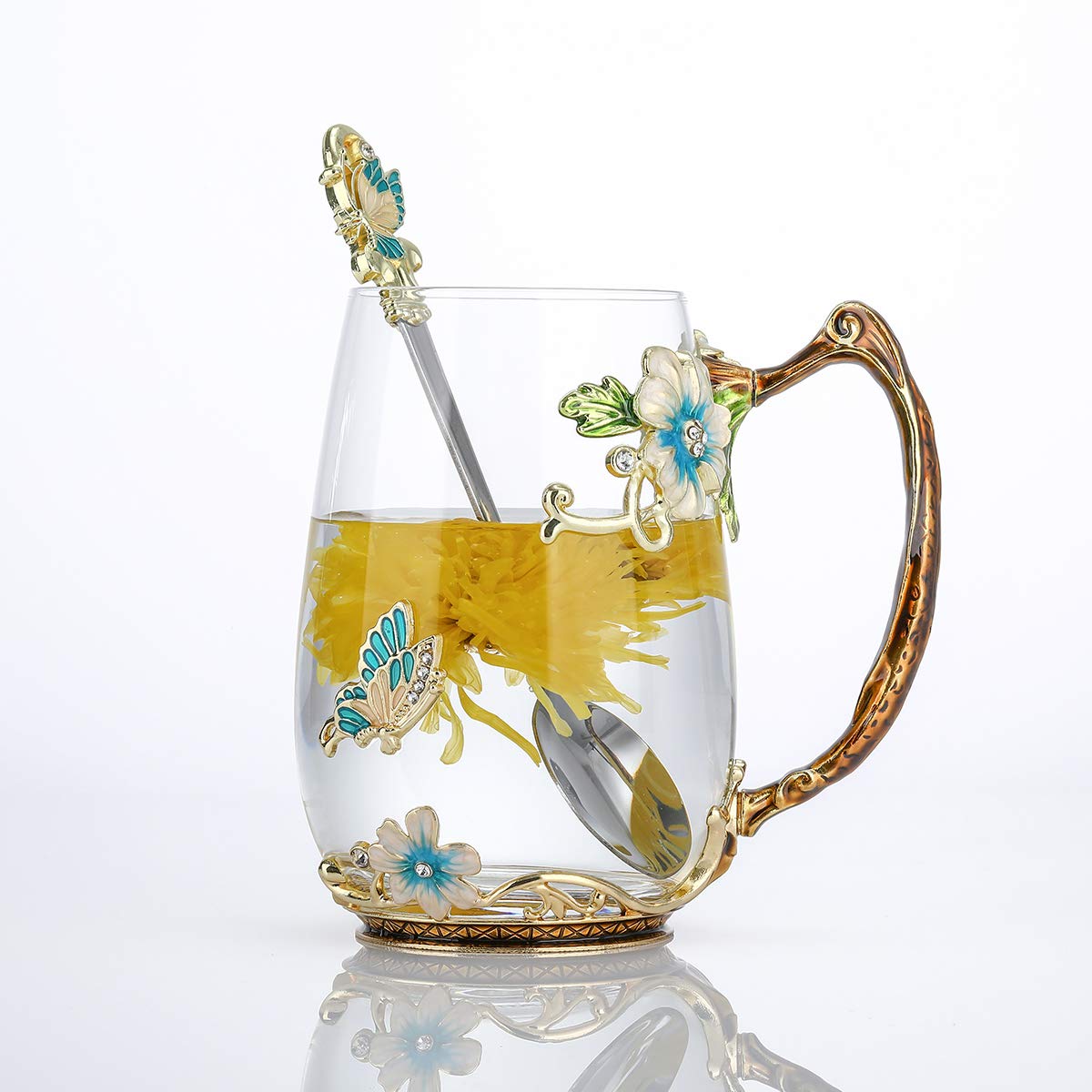 Photo 1 of **MISSING SPOON**
Luka Tech Enamel Butterfly flower Glass Mug with Spoon, Gifts For Women Wife Mom Friends Birthday Mothers Valentines Day Christmas (Blue-Tal)