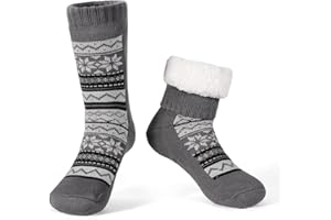 LEMZONE Men's Warm Cozy Slipper Socks Non Slip Winter Fuzzy Fleece Lining Cabin Sock with Grips