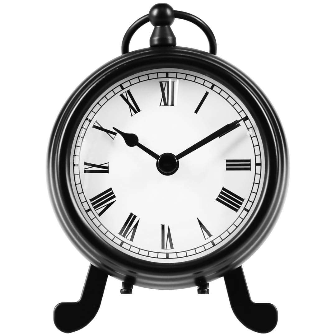 BESTIME AM-07 black metal desk clock, small and exquisite, white dial and black numbers are easy to read, height 14.9 x width 9.3 x 6.8 cm, home decoration for office desk, bedroom, living room, study
