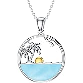 Reaii Palm Tree Necklace for Women Sterling Silver Ocean Wave Pendant Necklaces Natural Larimar Gemstone Pendants Jewelry Gift for Mom Wife Girlfriend