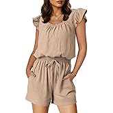 Dokotoo Rompers for Women 2026 Summer Ruffle Sleeves Square Neck Drawstring Casual Jumpsuits with Pockets