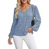CUPSHE Women's Blouses Eyelet Tops Long Sleeve V Neck Puff Sleeve Shirts Dressy Casual