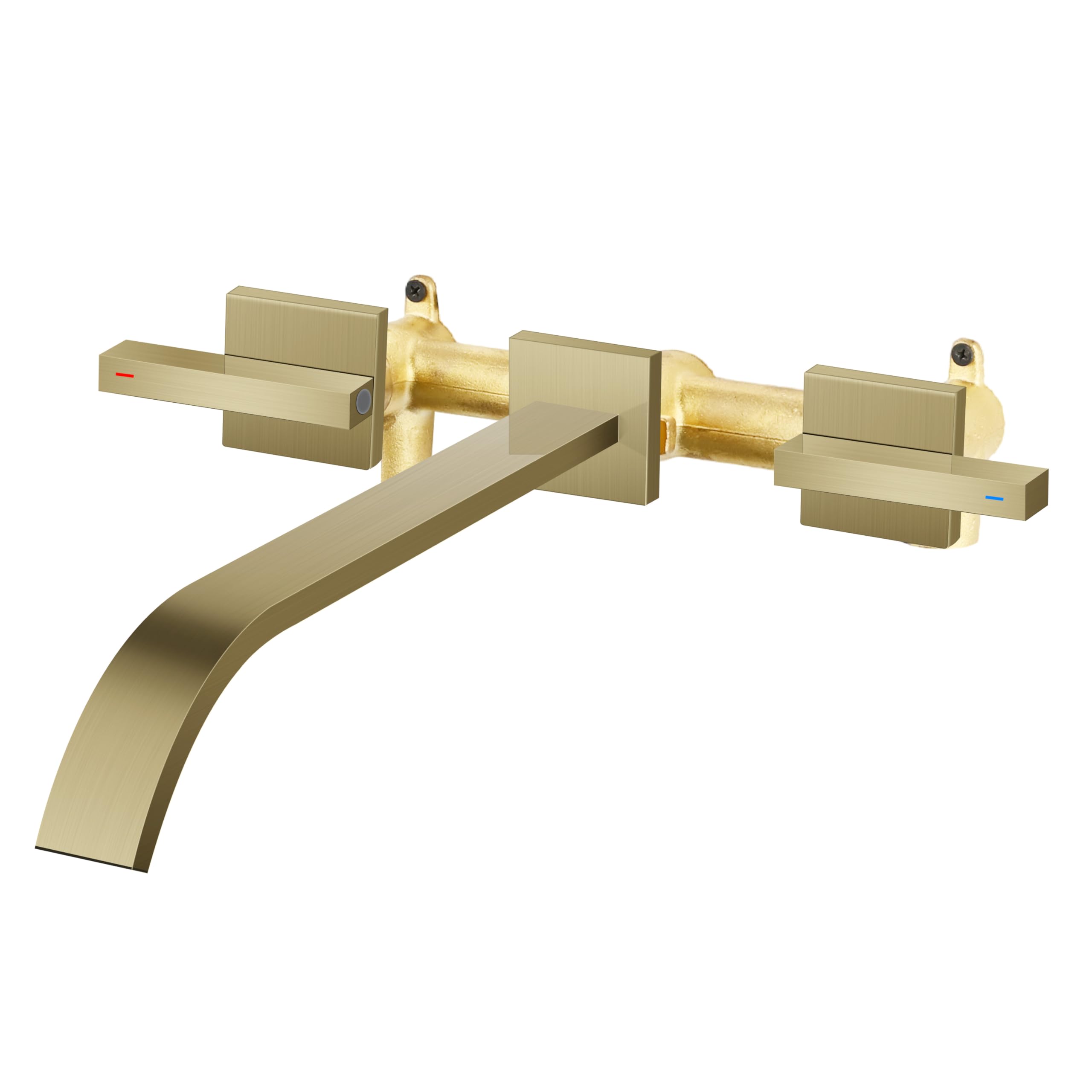 Photo 1 of Wall Mount Tub Filler AUU Brushed Gold Bathtub Faucet Long Spout Reach, 2 Level Handles Wall Mount Tub Faucet with Brass Rough in Valve Included