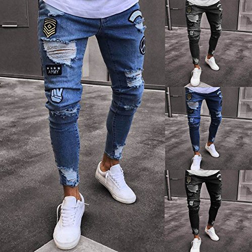 Slim Biker Zipper Denim Jeans Men Skinny Frayed Pants Distressed Rip Trousers Light Blue - Thumbnail 3