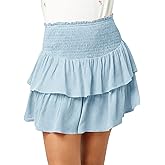 Newffr Girls Smocked Ruffle Mini Skirts Cute High Elastic Waisted Tiered Short Skirt with Shorts Underneath