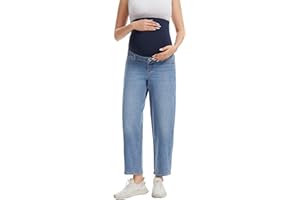 OVRUNS Maternity Jeans for Women Stretch Barrel Jeans Over The Belly Pregnancy Denim Pants with Button Waist