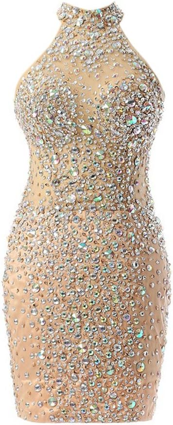 Maricopyjam Women's See Through Backless High Neck Fitted Colored Crystals Full Dress for Cocktail Party