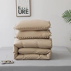 Luxlovery Beige Pom Pom Comforter Set King Ball Pom