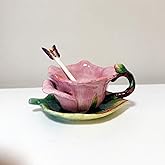 Minigift Ceramic Tea Cup and Saucer Set ,6OZ 3D Hand-Painted Flower and Lotus Leaf Coffee Mug,Gift for Women- Dark Pink Rose