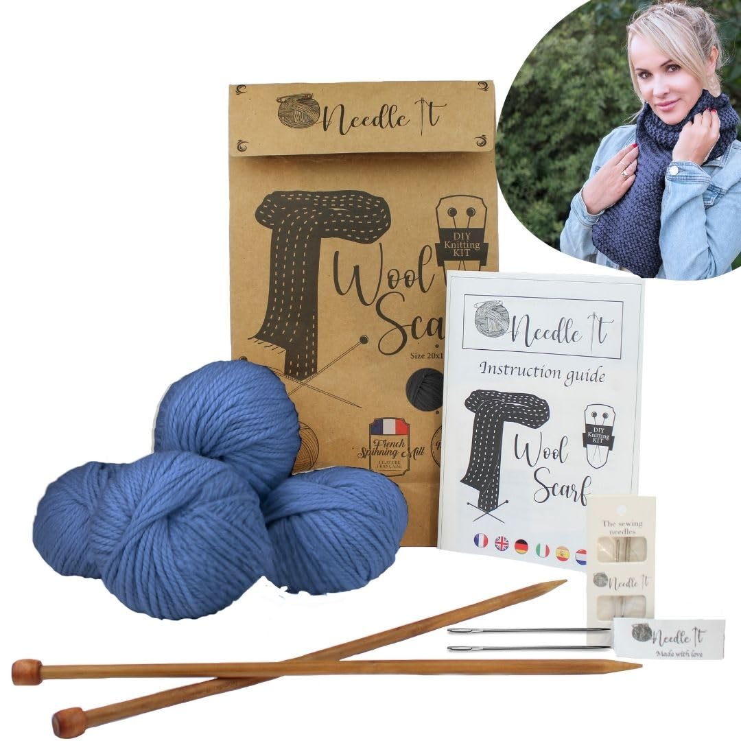 Needle It® - Complete Beginner's Knitting kit with Knitting Needles - Knitting Wool Scarf - Gift Idea (Navy Blue)