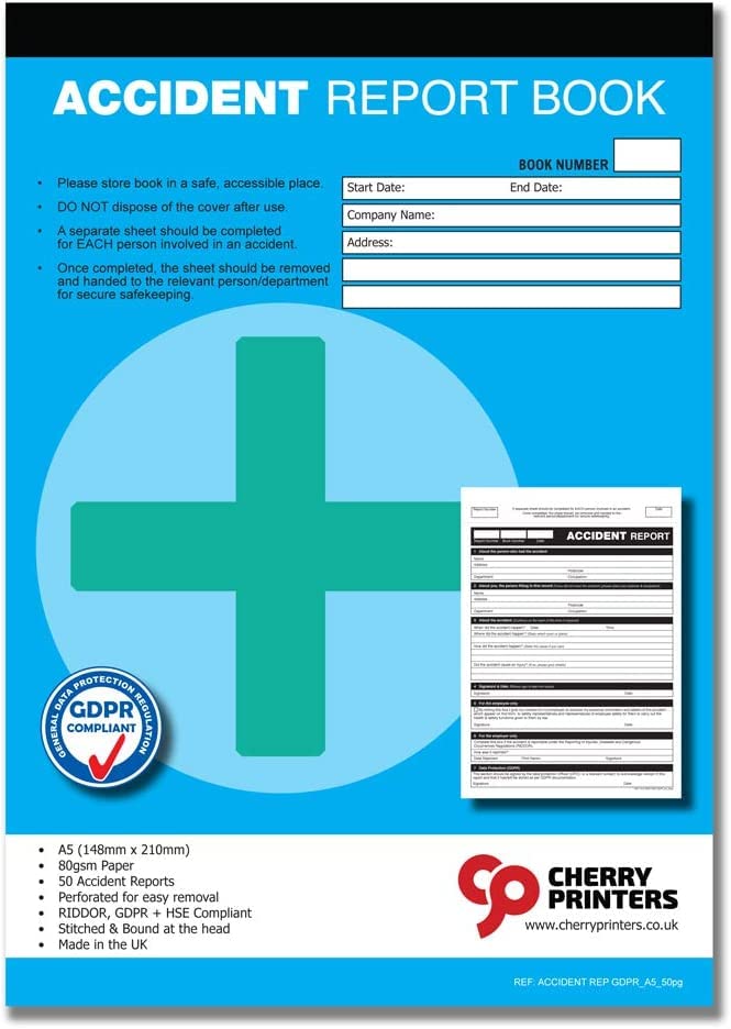 Cherry Printers GDPR Compliant Accident Report Book A5 | 50 Accident Forms | RIDDOR + HSE Compliant | Perforated for Easy Removal | 80gsm Paper | Stitched at Head | Made in UK |