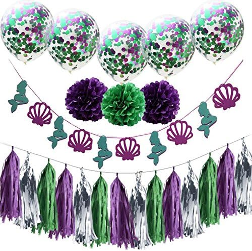 Little Mermaid Party Supplies & Party Decorations Happy Birthday Banner Paper Pom Poms and Ballons for Mermaid Birthday Party Supplies Baby Shower Decorations