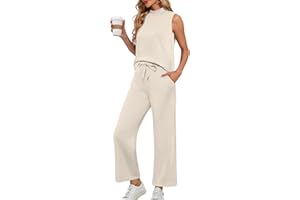 Lepunuo Two Piece Sets for Women Summer Mock Neck Sleeveless Top Wide Leg Pants Lounge Sets Vacation Travel Outfits